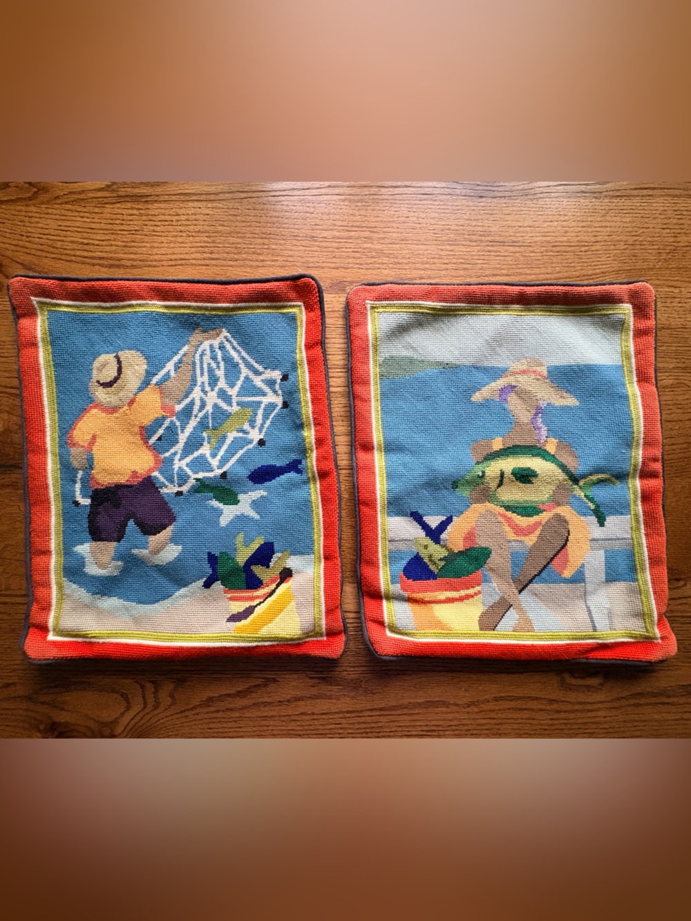 Custom Needlepoint pillow covers with cording, zippers & striped fabric backing